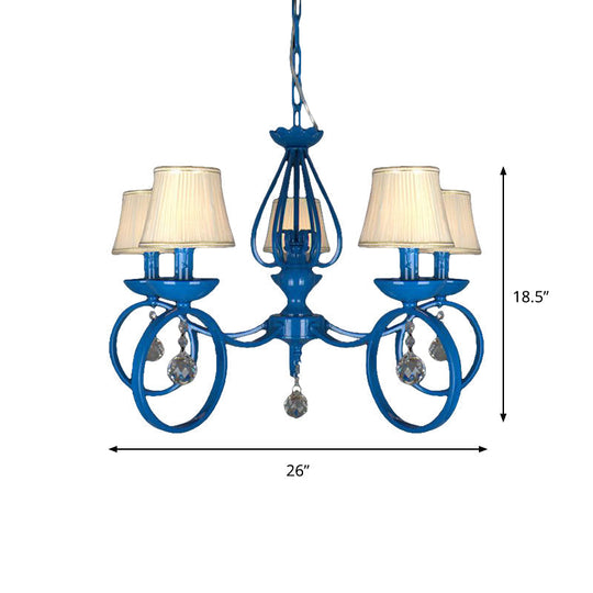 Blue Fabric Cone Pendant Lamp: Classic Chandelier Light Fixture With Crystal Draping Ideal For