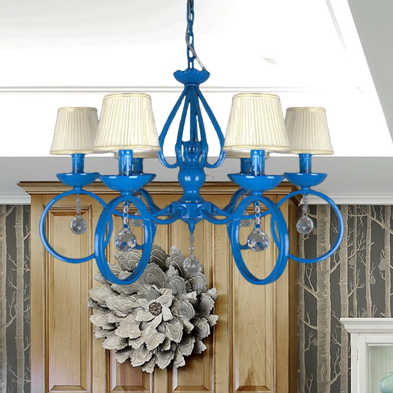 Blue Fabric Cone Pendant Lamp: Classic Chandelier Light Fixture With Crystal Draping Ideal For