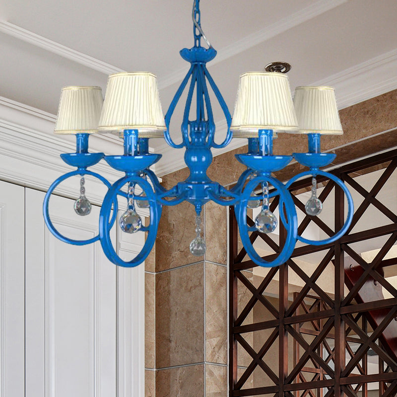 Blue Fabric Cone Pendant Lamp: Classic Chandelier Light Fixture With Crystal Draping Ideal For