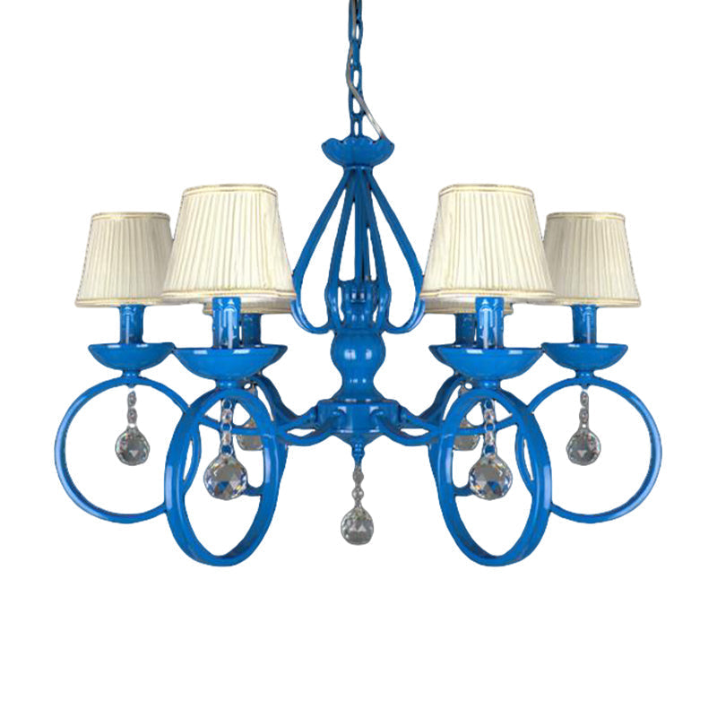 Blue Fabric Cone Pendant Lamp: Classic Chandelier Light Fixture With Crystal Draping Ideal For