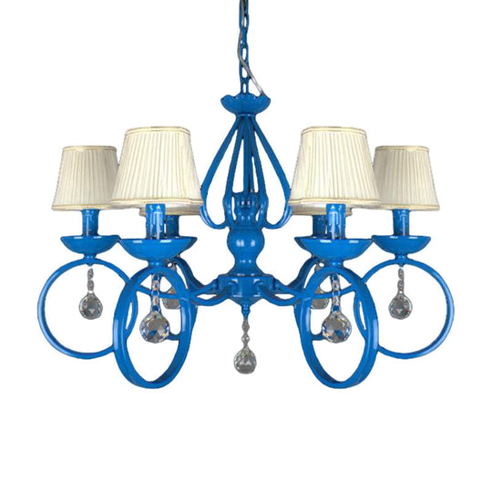 Blue Fabric Cone Pendant Lamp: Classic Chandelier Light Fixture With Crystal Draping Ideal For