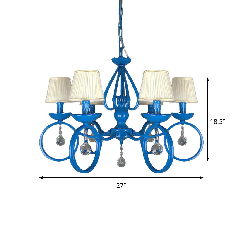 Blue Fabric Cone Pendant Lamp: Classic Chandelier Light Fixture With Crystal Draping Ideal For