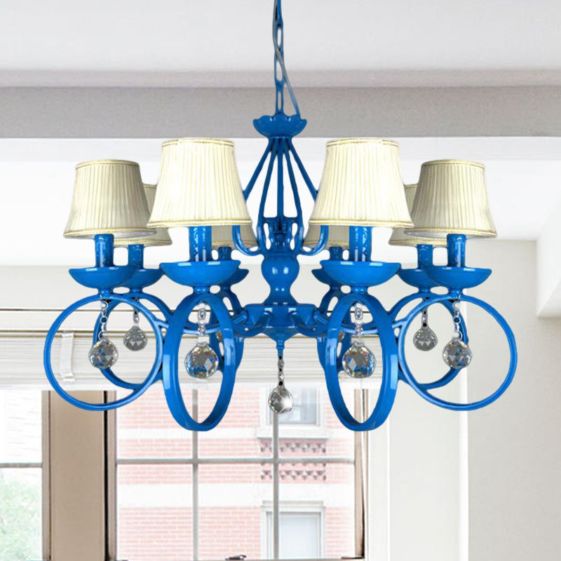 Blue Fabric Cone Pendant Lamp: Classic Chandelier Light Fixture With Crystal Draping Ideal For