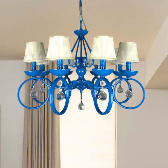 Blue Fabric Cone Pendant Lamp: Classic Chandelier Light Fixture With Crystal Draping Ideal For