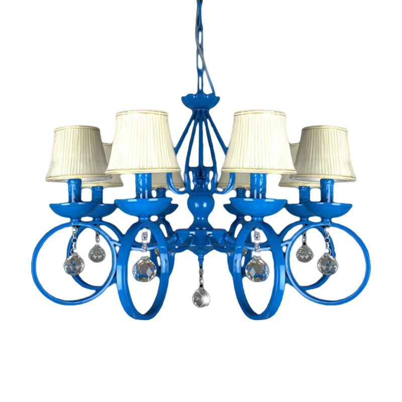 Blue Fabric Cone Pendant Lamp: Classic Chandelier Light Fixture With Crystal Draping Ideal For