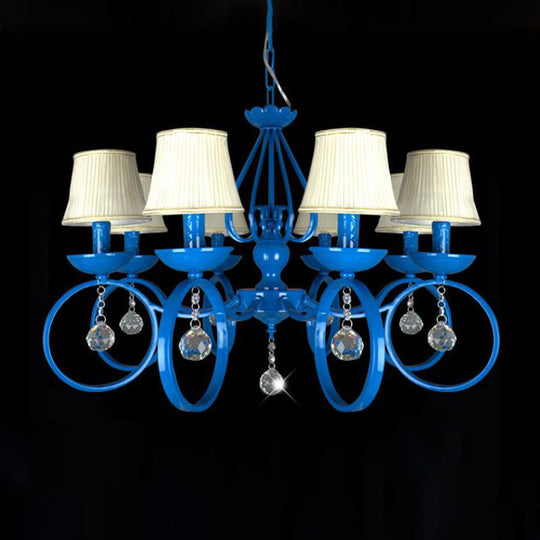 Blue Fabric Cone Pendant Lamp: Classic Chandelier Light Fixture With Crystal Draping Ideal For