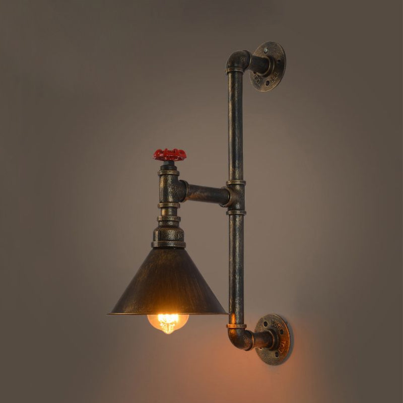 Rustic Industrial Plumbing Pipe Wall Lamp With Valve Decoration - 1 Light Metal Lighting In