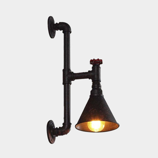 Rustic Industrial Plumbing Pipe Wall Lamp With Valve Decoration - 1 Light Metal Lighting In