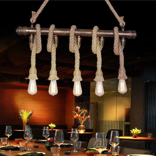 Industrial Beige Metal Island Pendant Light For Dining Room With Rope Accent - 3/5 Heads Open Bulb