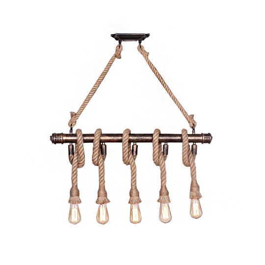 Industrial Beige Metal Island Pendant Light For Dining Room With Rope Accent - 3/5 Heads Open Bulb