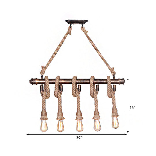 Industrial Beige Metal Island Pendant Light For Dining Room With Rope Accent - 3/5 Heads Open Bulb