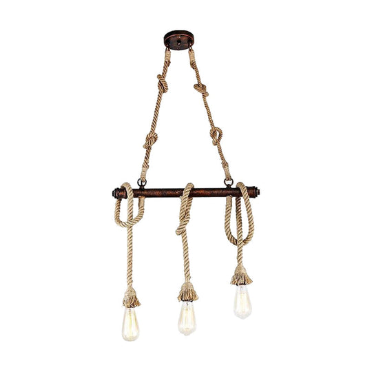 Industrial Beige Metal Island Pendant Light For Dining Room With Rope Accent - 3/5 Heads Open Bulb