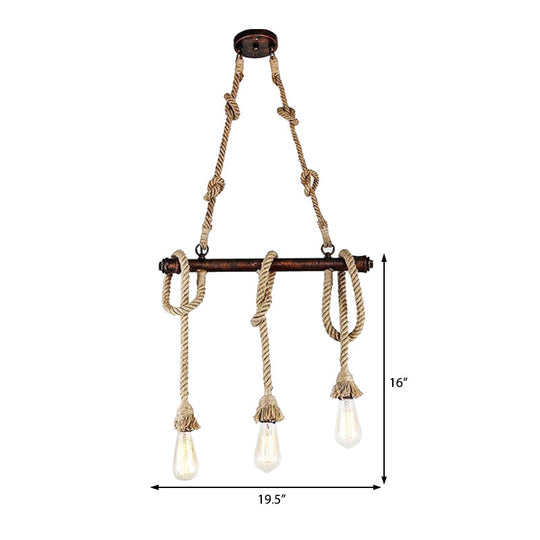 Industrial Beige Metal Island Pendant Light For Dining Room With Rope Accent - 3/5 Heads Open Bulb