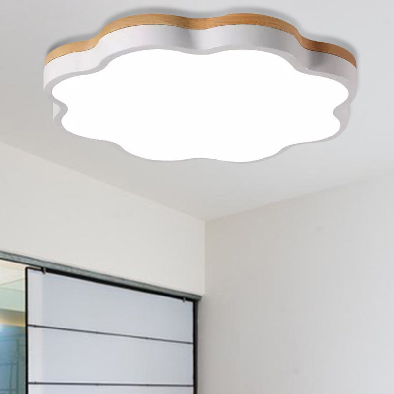 Wooden Ceiling Light With Floral Shade - Flush Mount For Kids Bedroom