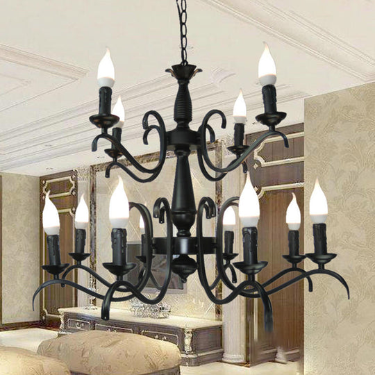 2-Tier Traditional Metal Candle Chandelier With Black Finish - Ideal For Living Room Ceiling Hanging