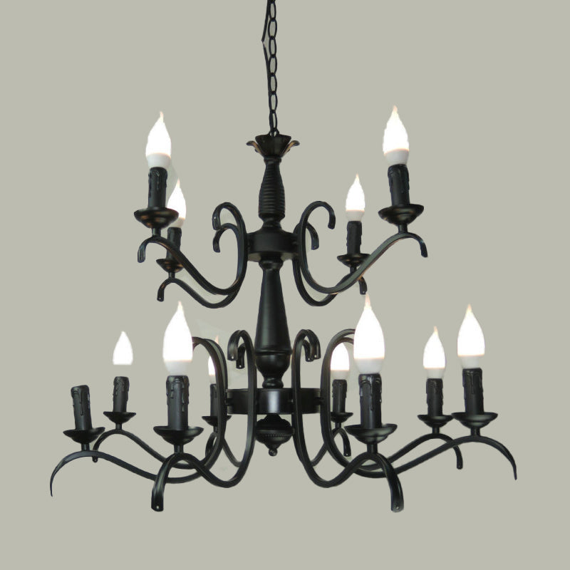 2-Tier Traditional Metal Candle Chandelier With Black Finish - Ideal For Living Room Ceiling Hanging