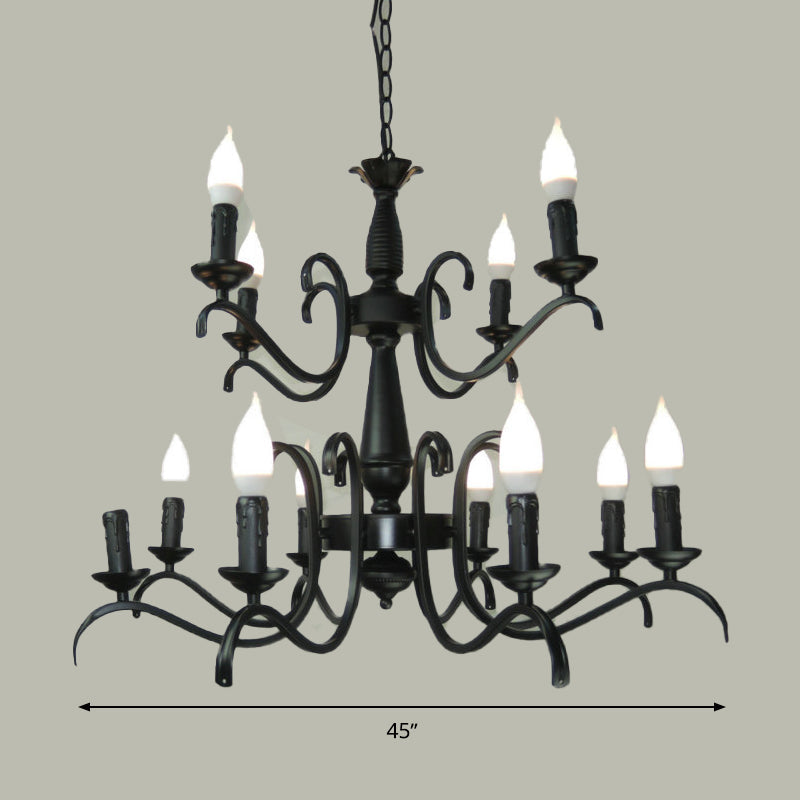 2-Tier Traditional Metal Candle Chandelier With Black Finish - Ideal For Living Room Ceiling Hanging