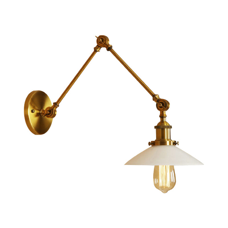 Vintage-Style Brass Wall Hanging Light With Cone Frosted Glass