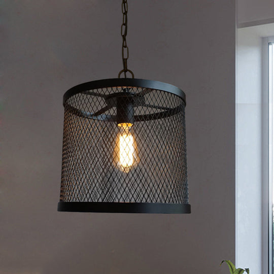 Industrial Black Metal Mesh Drum Pendant Light - Single Hanging Lamp for Dining Room