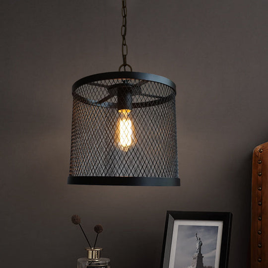 Industrial Black Metal Mesh Drum Pendant Light - Single Hanging Lamp for Dining Room