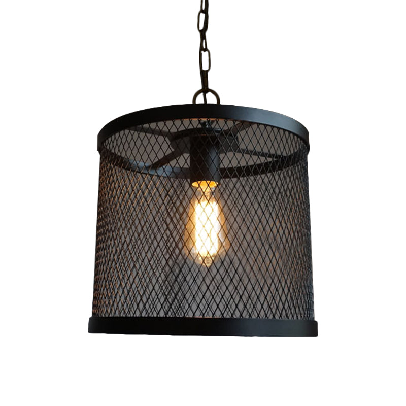 Industrial Black Metal Mesh Drum Pendant Light - Single Hanging Lamp for Dining Room