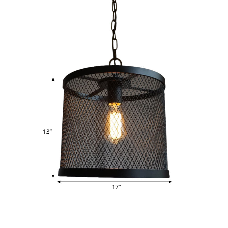 Industrial Black Metal Mesh Drum Pendant Light - Single Hanging Lamp for Dining Room