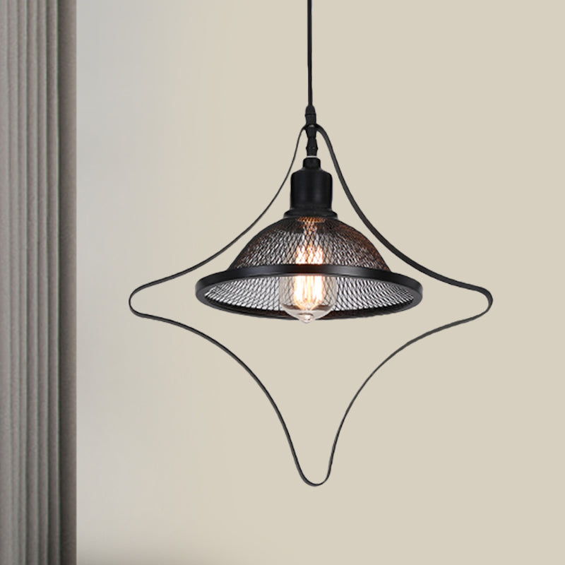 Industrial Metal Pendant Light with Black Rhombus/Round Pendant and Mesh Flared Shade