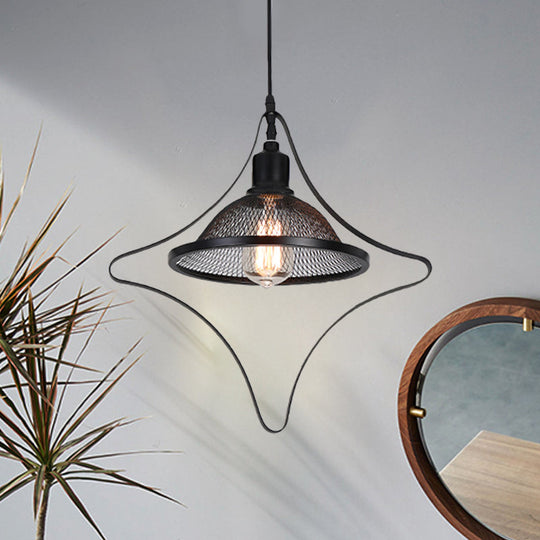 Industrial Metal Pendant Light with Black Rhombus/Round Pendant and Mesh Flared Shade