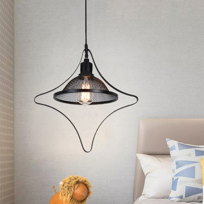 Industrial Metal Pendant Light with Black Rhombus/Round Pendant and Mesh Flared Shade