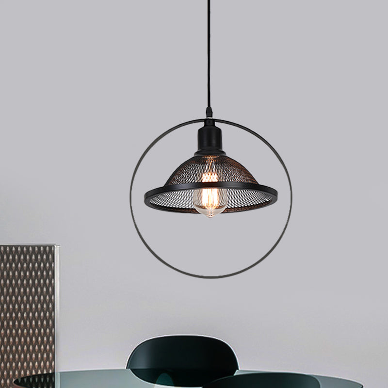 Industrial Metal Pendant Light with Black Rhombus/Round Pendant and Mesh Flared Shade