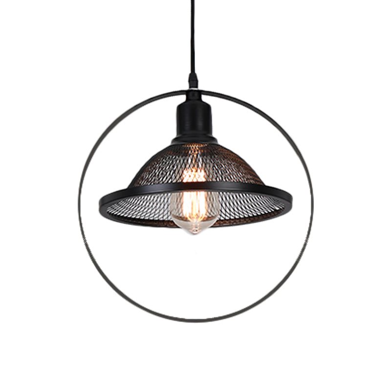 Industrial Metal Pendant Light with Black Rhombus/Round Pendant and Mesh Flared Shade