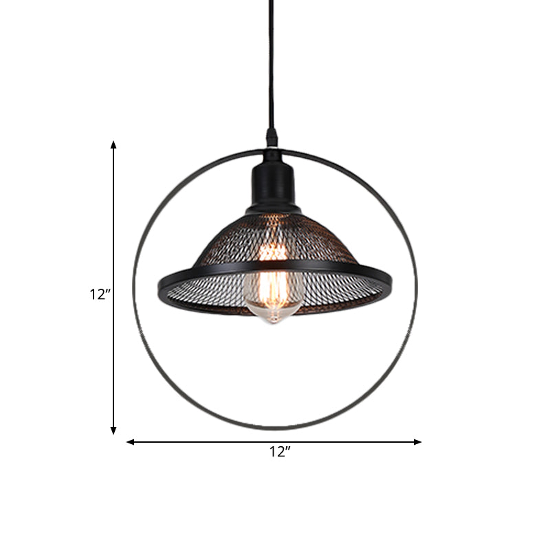 Industrial Metal Pendant Light with Black Rhombus/Round Pendant and Mesh Flared Shade