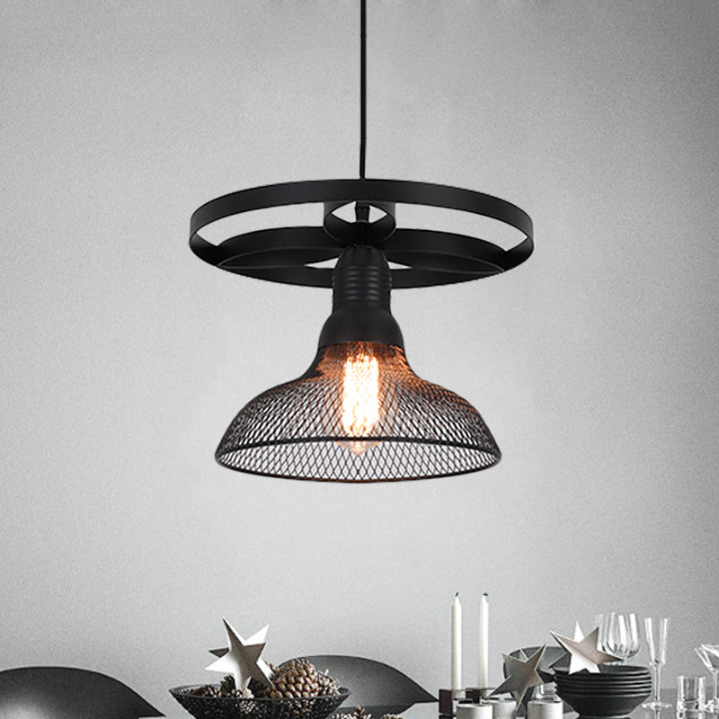 Industrial Mesh Pendant Lamp with Domed Metal Shade and Ring in Black – Stylish Hanging Light Fixture for Living Room (1 Bulb)