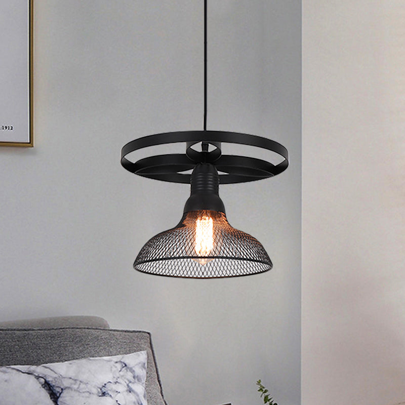 Industrial Mesh Pendant Lamp with Domed Metal Shade and Ring in Black – Stylish Hanging Light Fixture for Living Room (1 Bulb)