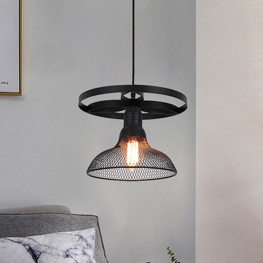 Industrial Mesh Pendant Lamp with Domed Metal Shade and Ring in Black – Stylish Hanging Light Fixture for Living Room (1 Bulb)