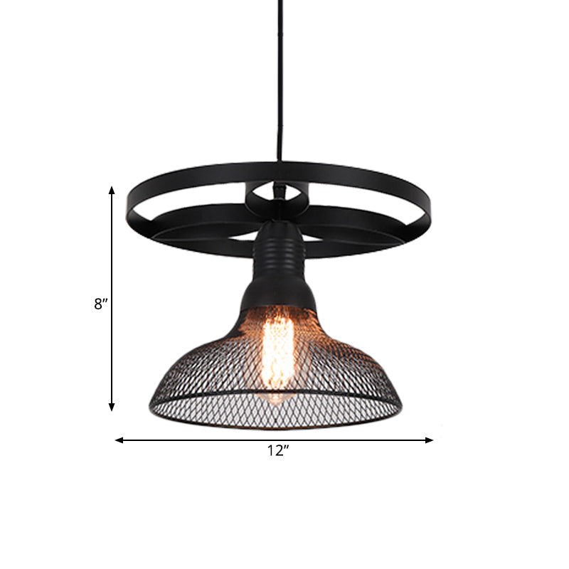 Industrial Mesh Pendant Lamp with Domed Metal Shade and Ring in Black – Stylish Hanging Light Fixture for Living Room (1 Bulb)