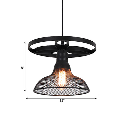 Industrial Mesh Pendant Lamp with Domed Metal Shade and Ring in Black – Stylish Hanging Light Fixture for Living Room (1 Bulb)