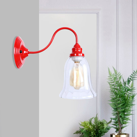 Industrial Red Sconce Light With Clear Textured Glass Bell Shade