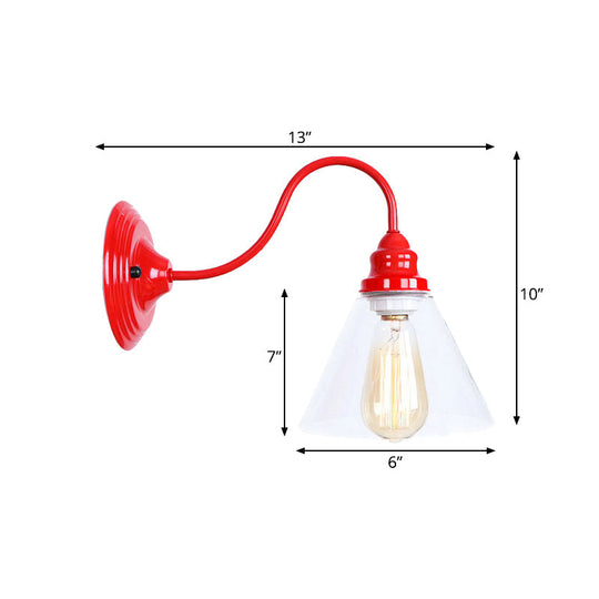 Industrial Red Bedroom Sconce Lighting Fixture With Clear Glass Cone Shade