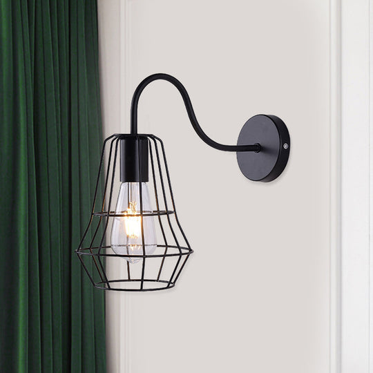 Retro Style Gooseneck Wall Sconce With Cage Shade In Black Finish For Living Room