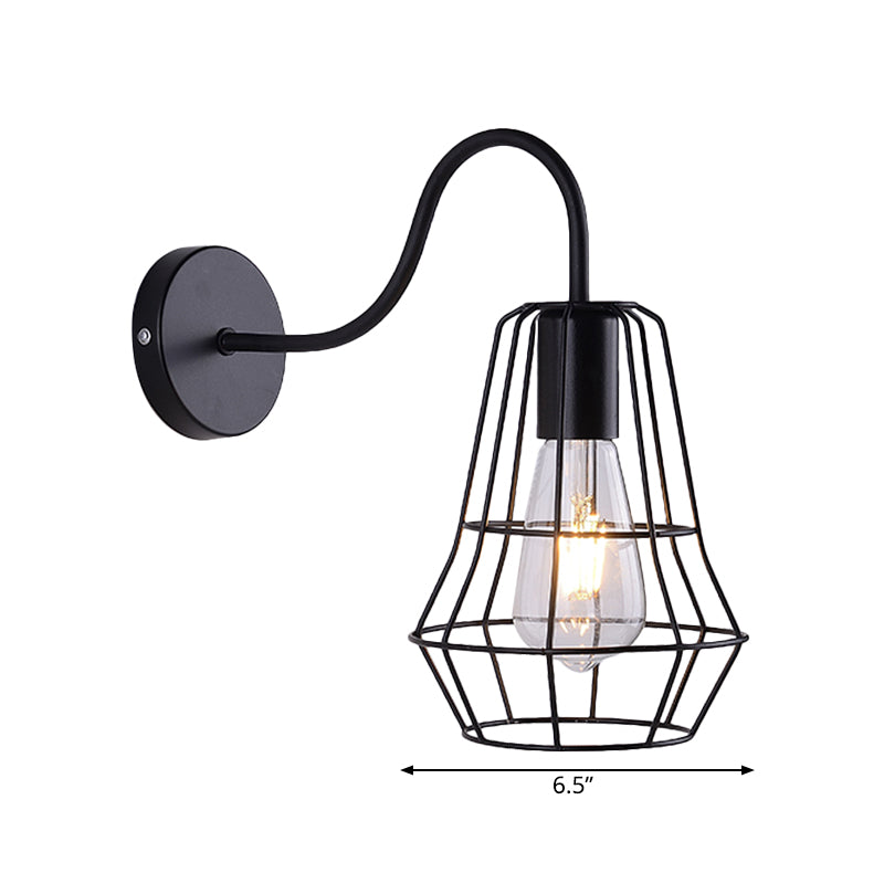 Retro Style Gooseneck Wall Sconce With Cage Shade In Black Finish For Living Room