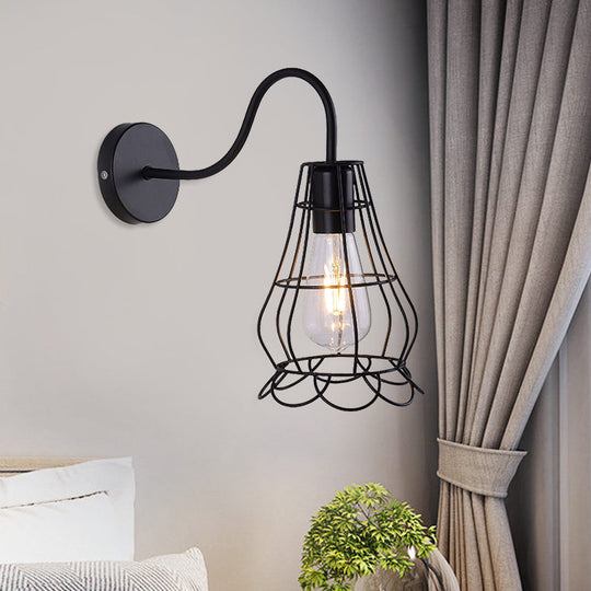 Retro Style Metallic Black Sconce Light With Wire Cage Shade - Bedside Wall Mount