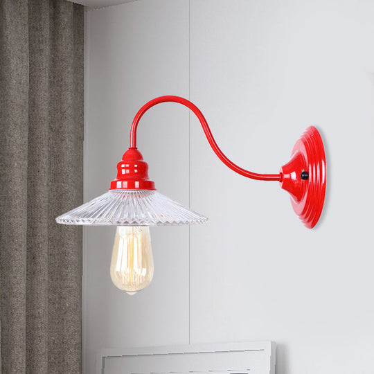 Red Ribbed Glass Wall Mounted Industrial Sconce Lamp - Bedroom Lighting With Single Bulb Clear