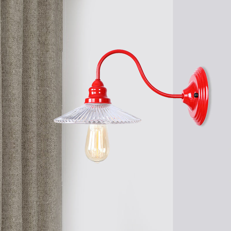 Red Ribbed Glass Wall Mounted Industrial Sconce Lamp - Bedroom Lighting With Single Bulb