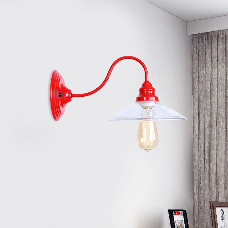 Industrial Red Clear Glass Wall Mounted Light With Wide Flare Bulb And Curved Arm