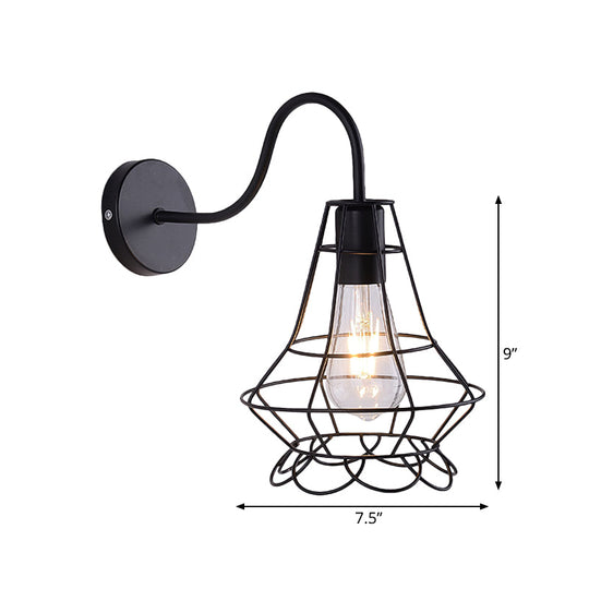 Vintage 1 Head Metallic Wall Light Fixture With Curved Arm - Vase Cage Design For Restaurants Black