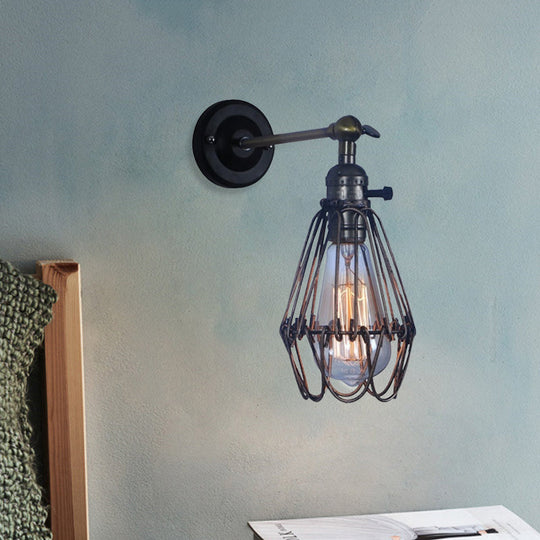 Rustic Cage Style Wall Lamp With 1 Light Wrought Iron Black - Ideal For Coffee Shops