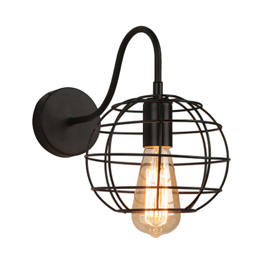 Industrial Stylish Globe Cage Wall Sconce - 1 Bulb Metal Light With Curved Arm Black Bedside