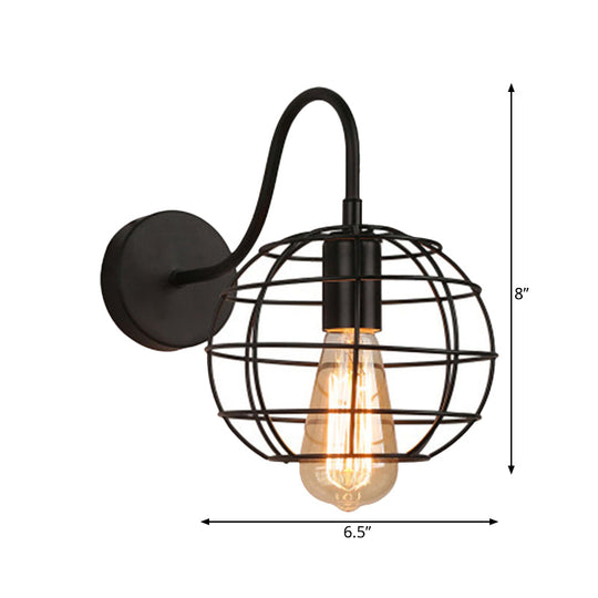 Industrial Stylish Globe Cage Wall Sconce - 1 Bulb Metal Light With Curved Arm Black Bedside