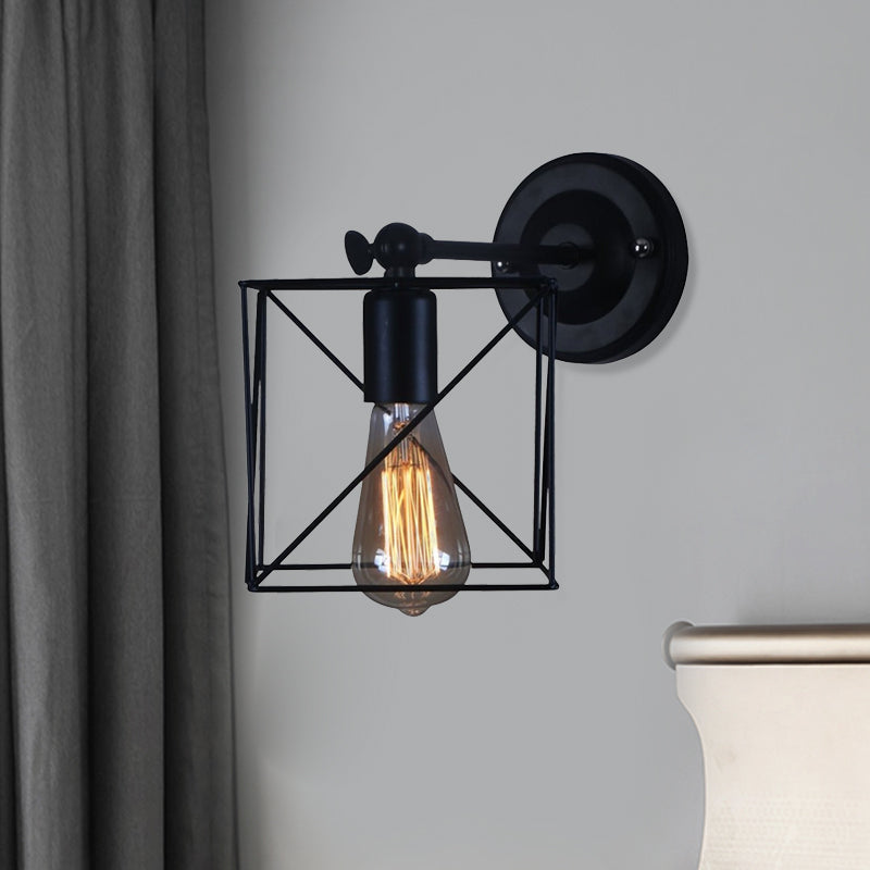 Antique Style Metal Wall Lamp With Black Cage Shade - Perfect For Bedroom